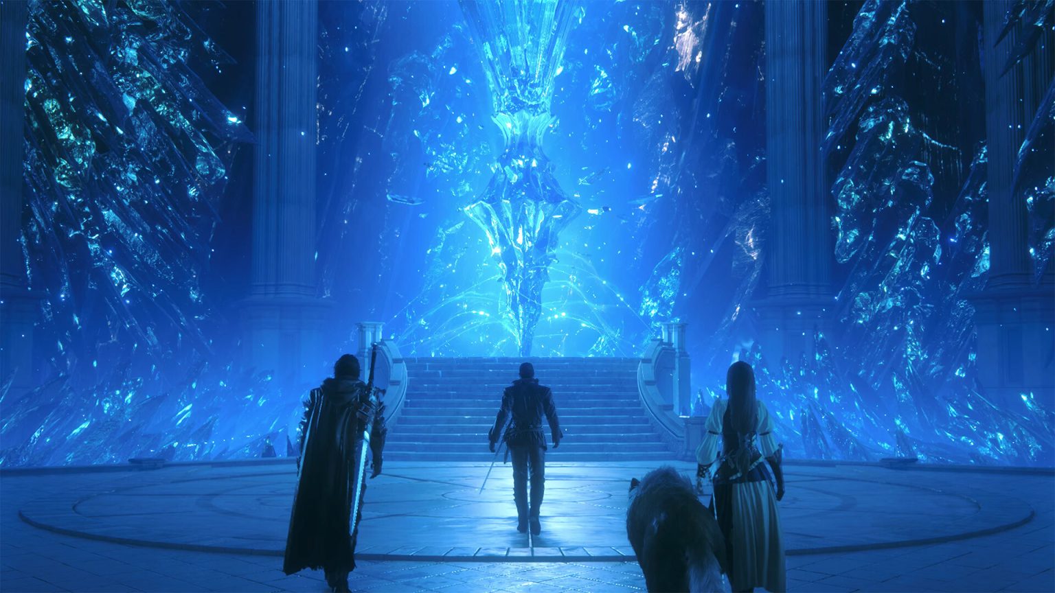 Clive, Cid, Jill, and Torgal walking towards a crystal in Final Fantasy XVI