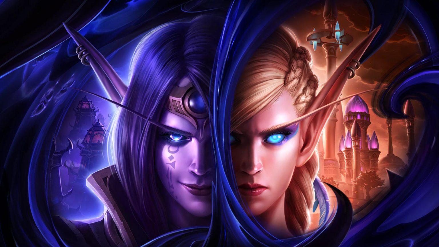 Two faces juxtaposed with different colours in World of Warcraft: The War Within art