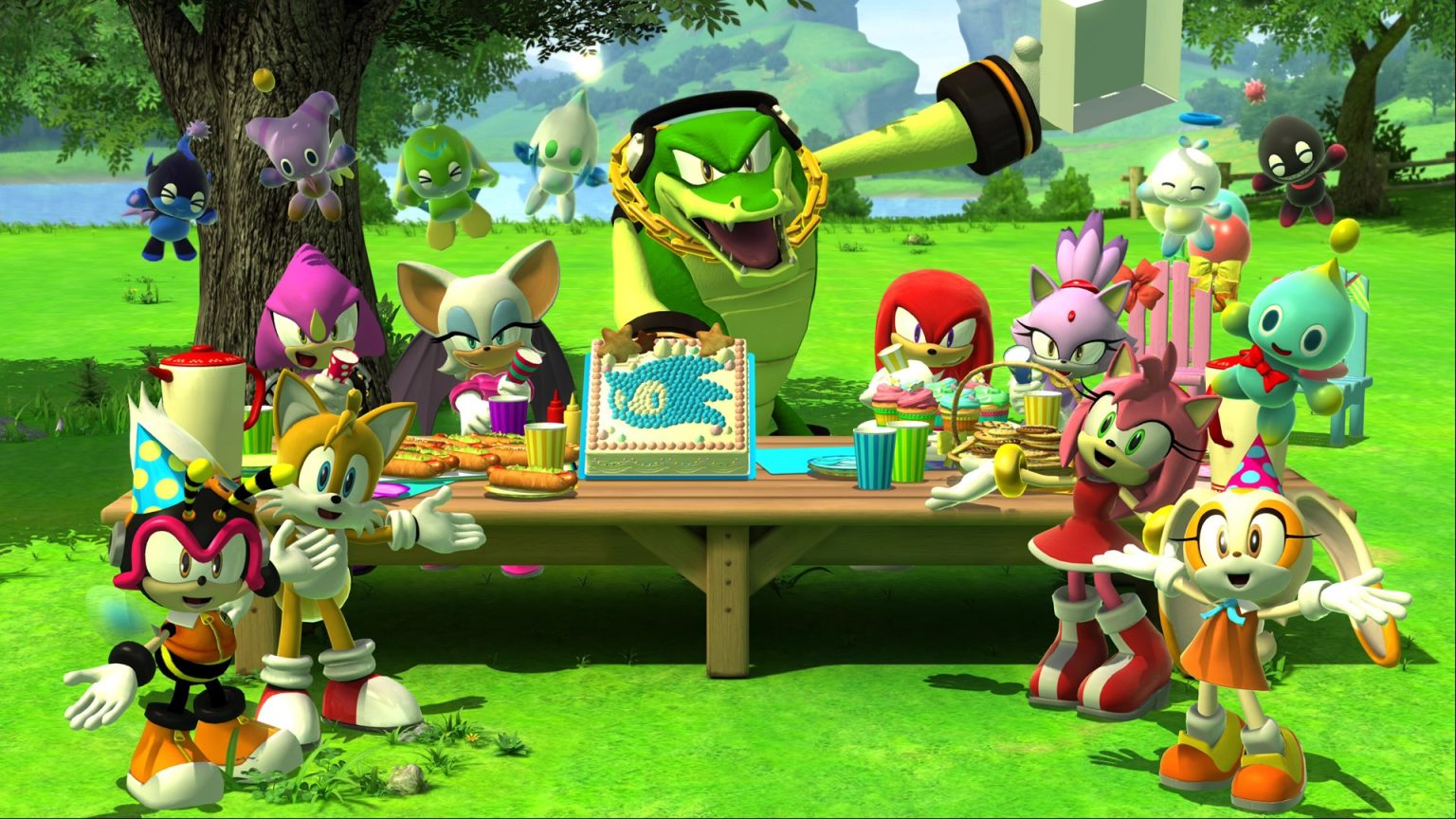 The assembled cast of Sonic x Shadow Generations with a birthday cake for Sonic
