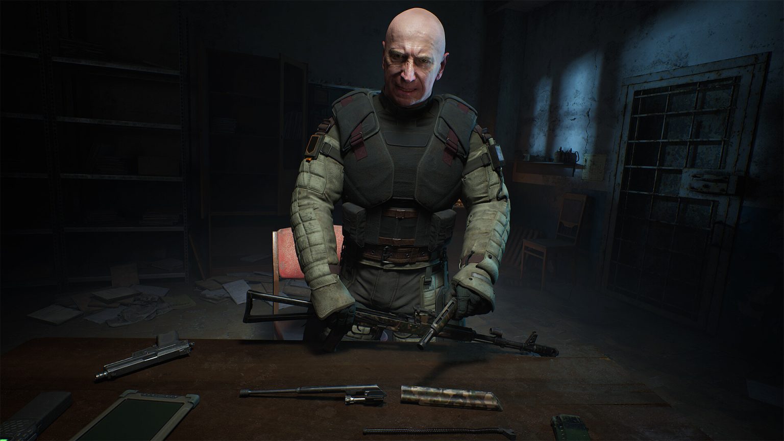 A man standing in front of a table with guns on it in Stalker 2