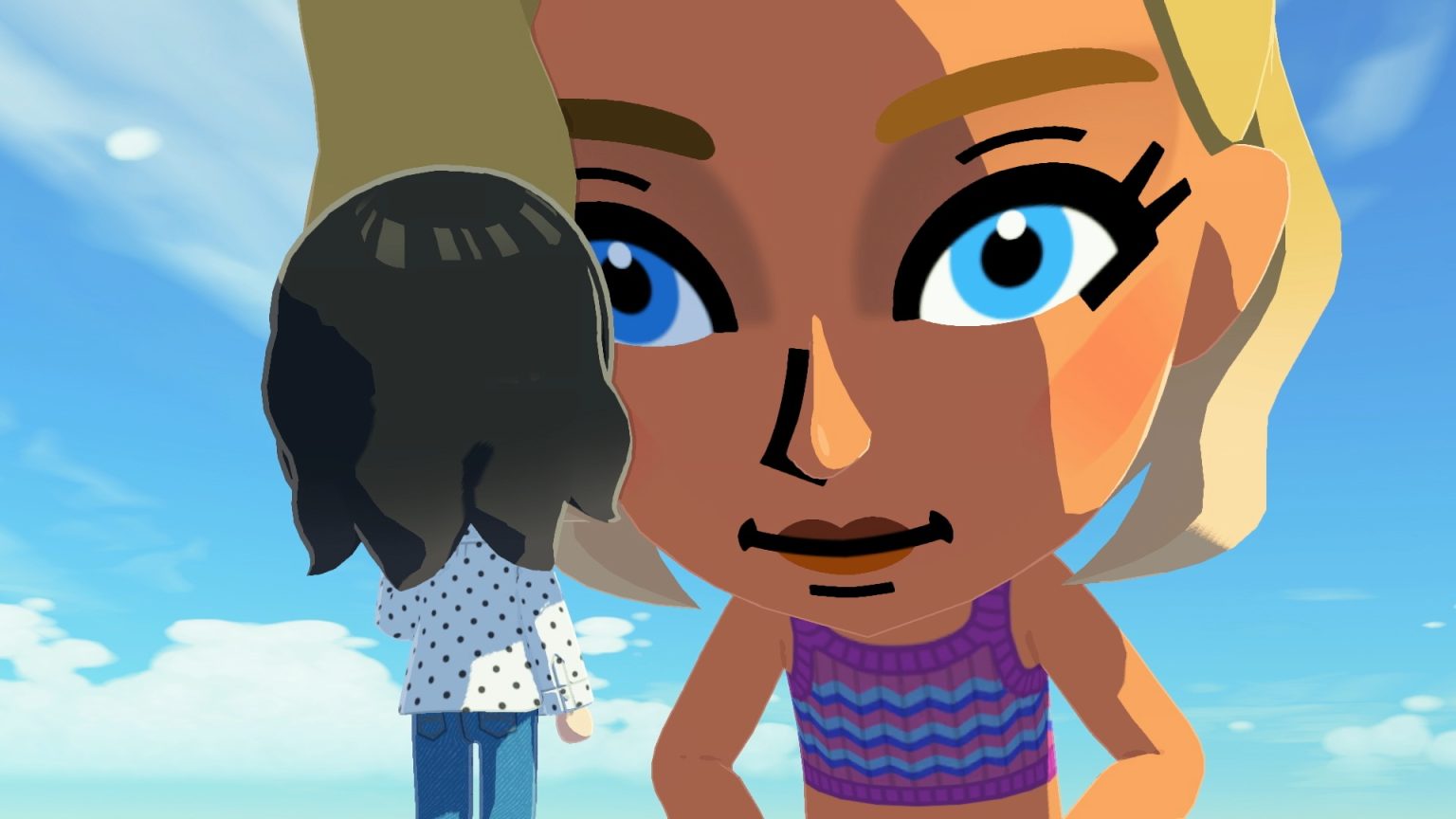 A huge dream Mii looks down at a small Mii in Tomodachi Life: Living the Dream