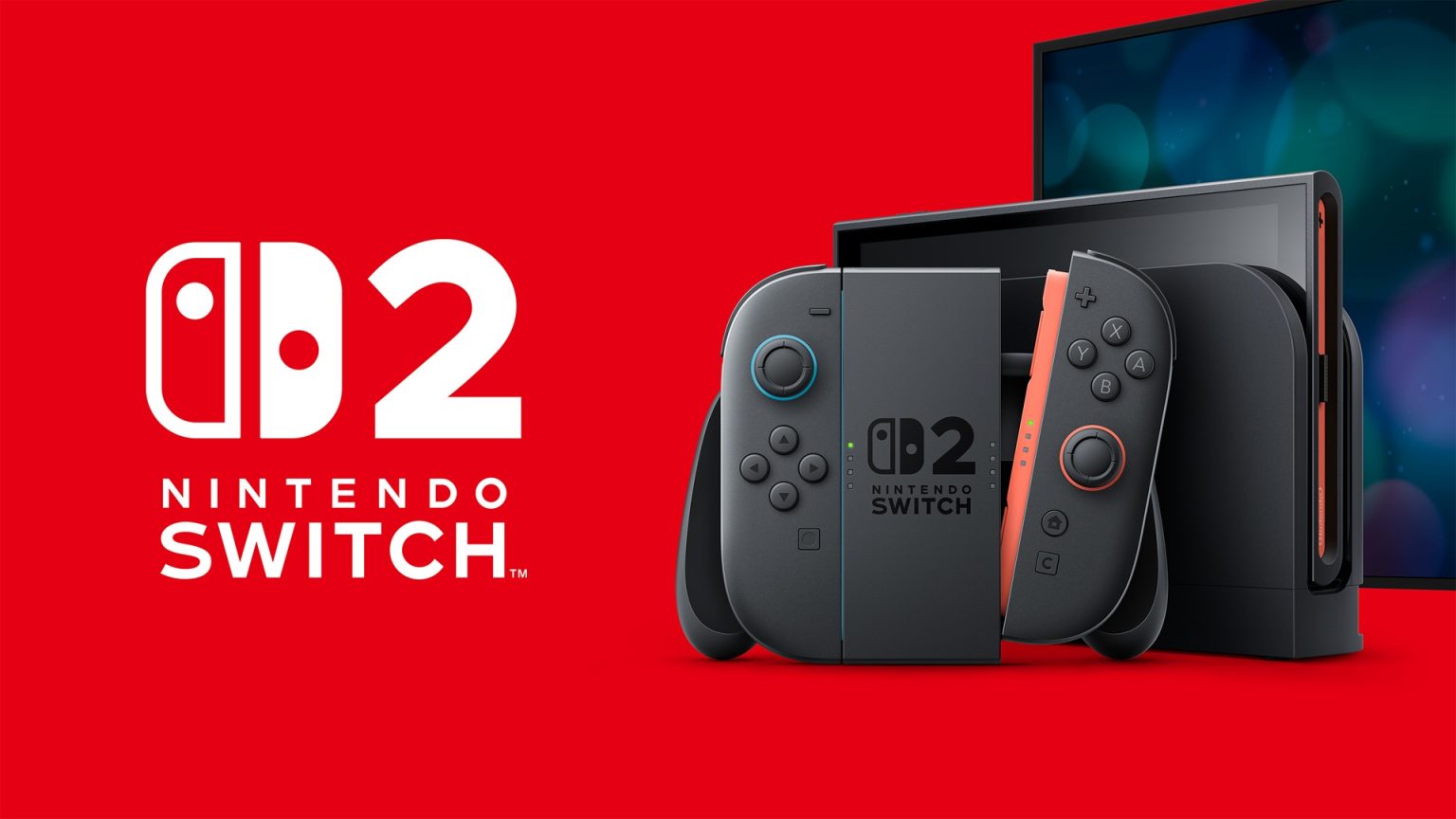 The Nintendo Switch 2 with a giant logo next to it