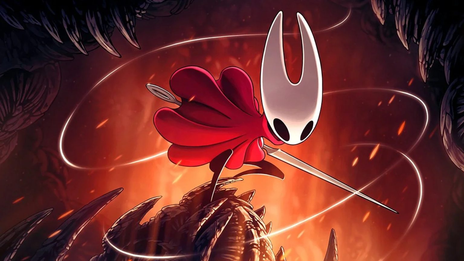 Hornet and her Needle in artwork for Hollow Knight: Silksong