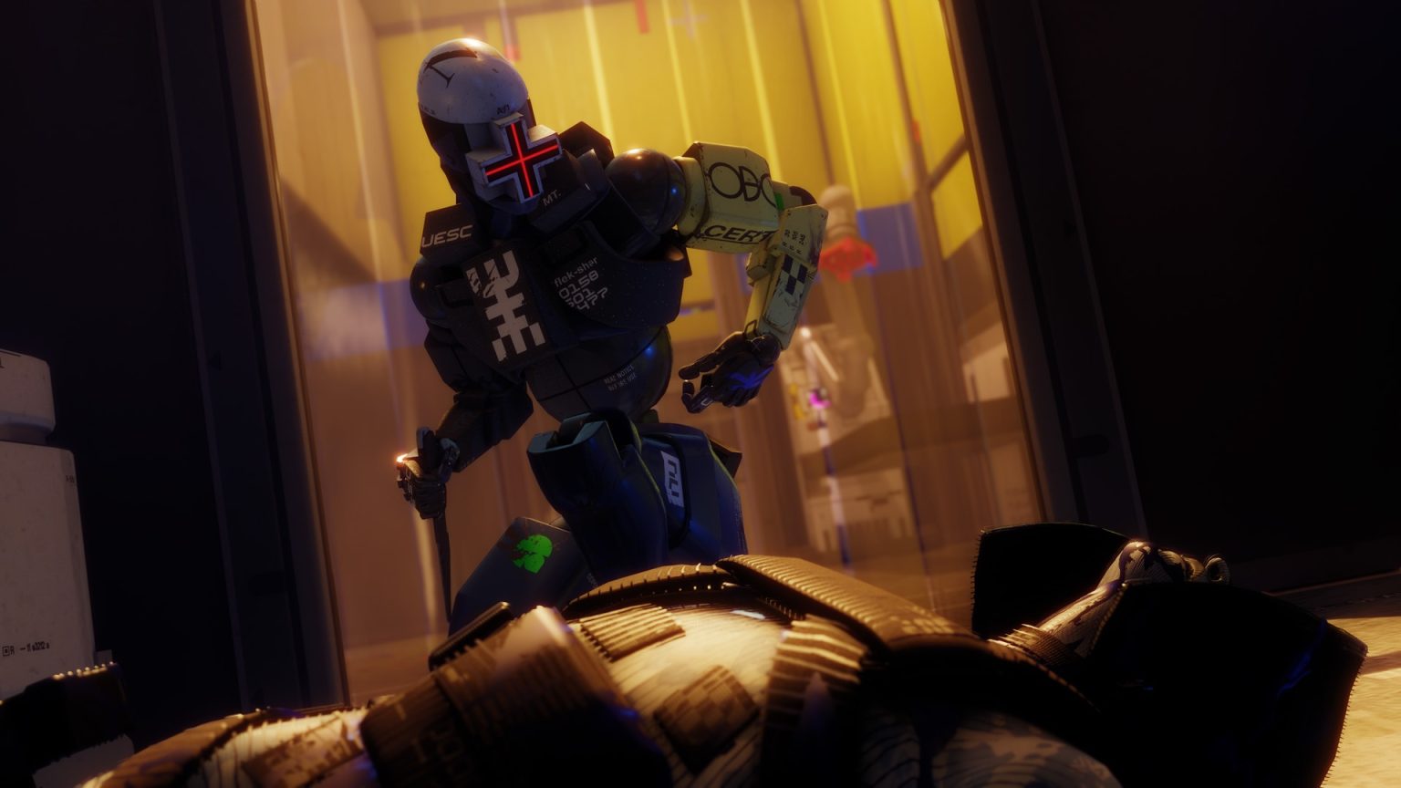 A character leaning over another character in Marathon