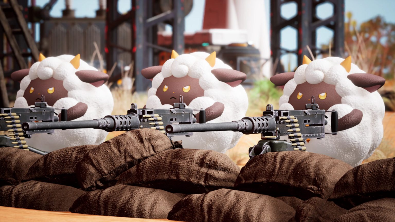 Three sheep-like Pals with guns in Palworld, which is getting a card game