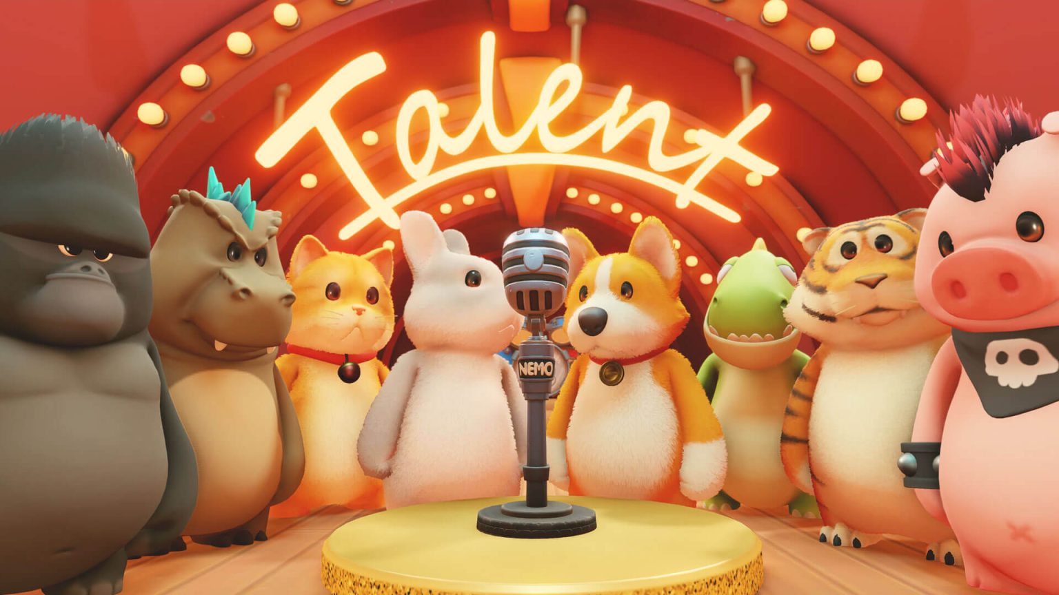 A group of animals gathered around a microphone with the word "Talent" in glitzy lighting in the background in Party Animals