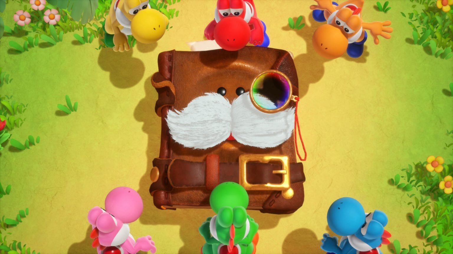 Yoshis surrounding the titular mysterious book in Yoshi and the Mysterious Book